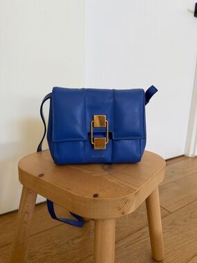 Demellier Blue Leather Crossbody Bag with Gold Buckle